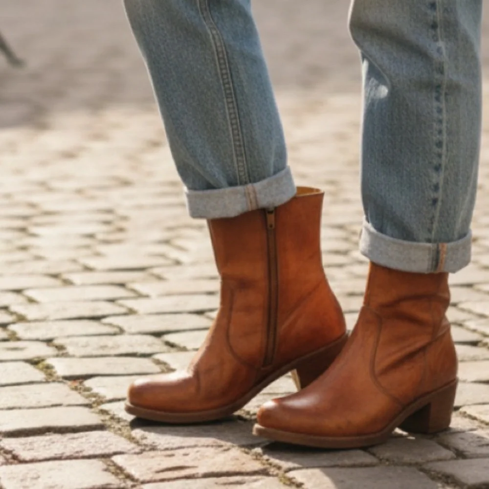 Frye Campus 14L Cognac Brown Leather Vintage Short Zip Up Mid-calf Lug AnkleBoot - Picture 2 of 11